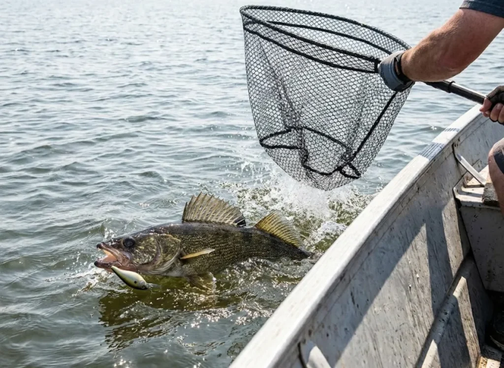 A large gamefish thrashing at the side of the boat moments before being netted, with a trolling lure in its mouth.