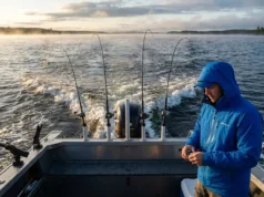 Trolling for Freshwater Fish: Depth, Speed & Spread A view from the back of a trolling boat at sunrise with multiple rods bent under the pressure of trolling deep diving lures.