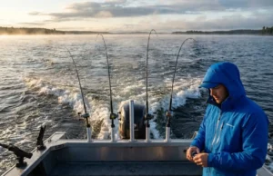 Trolling for Freshwater Fish: Depth, Speed & Spread A view from the back of a trolling boat at sunrise with multiple rods bent under the pressure of trolling deep diving lures.