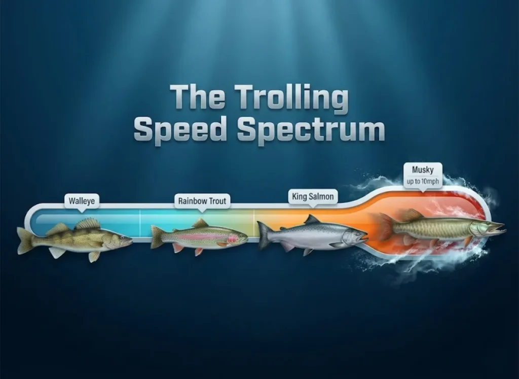 A premium infographic titled "The Trolling Speed Spectrum" displaying a horizontal speed gauge. It compares optimal trolling speeds for Walleye (slow), Rainbow Trout, King Salmon, and Musky (fast), featuring realistic fish illustrations against a stylized underwater background.