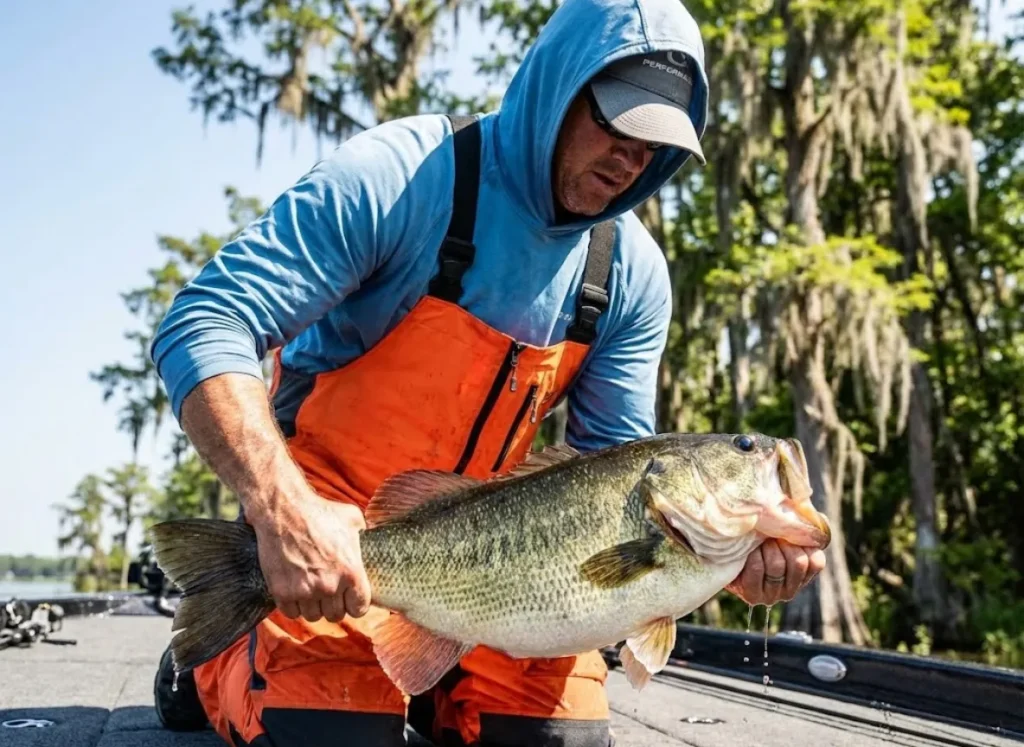 An angler holding a massive trophy-sized largemouth bass with a very large belly, showcasing superior genetics.