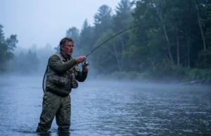 Trout Fishing for Beginners: Stocked Ponds to Rivers Angler casting a spinning rod in a misty river at dawn.