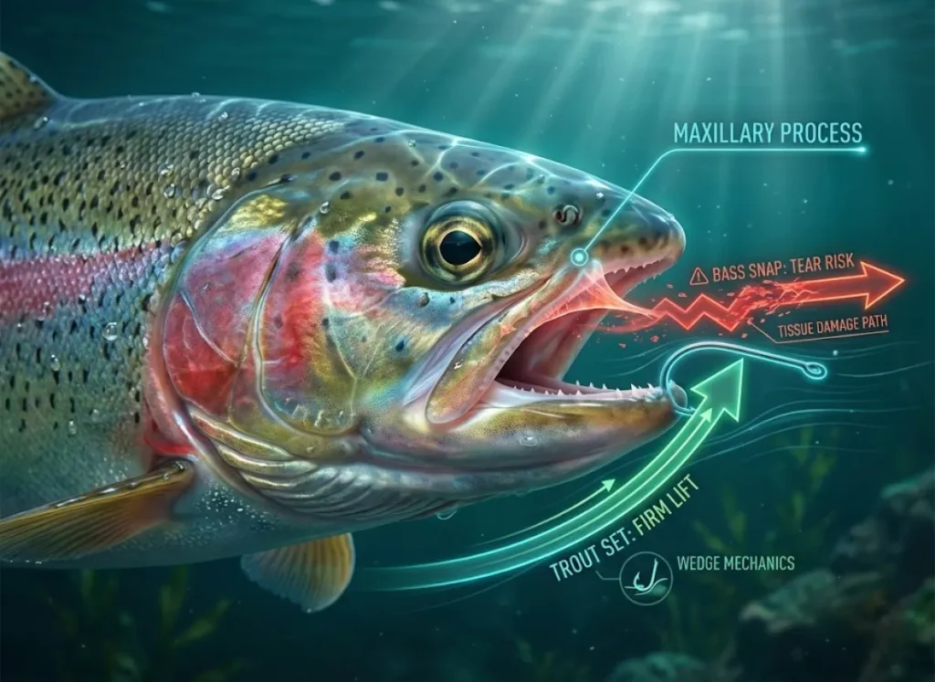 A split-view technical illustration of a Rainbow Trout's head. The image overlays a realistic close-up of the mouth anatomy with glowing vector force lines comparing a "Vertical Lift" hook set against a "Horizontal Sweep." Labels highlight the delicate Maxillary Process.