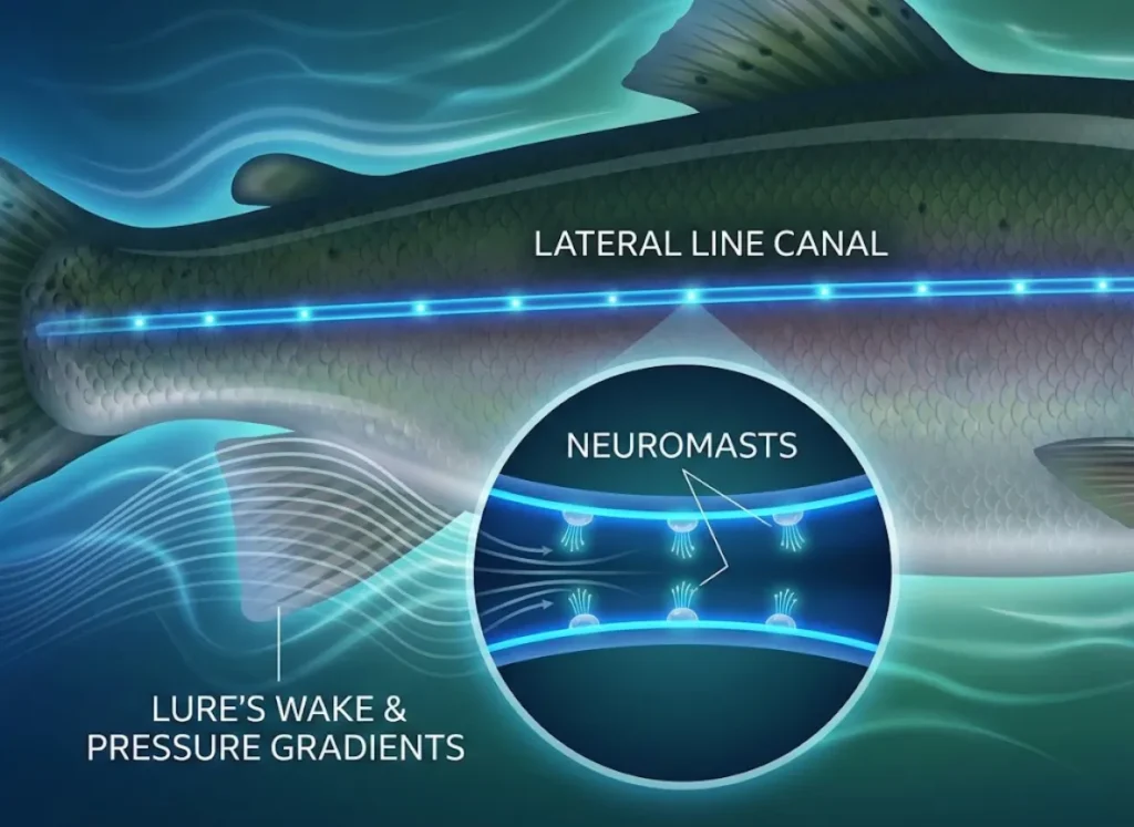 A scientific illustration of a rainbow trout's flank, highlighting the lateral line canal and neuromasts with wave lines indicating water displacement from a lure.