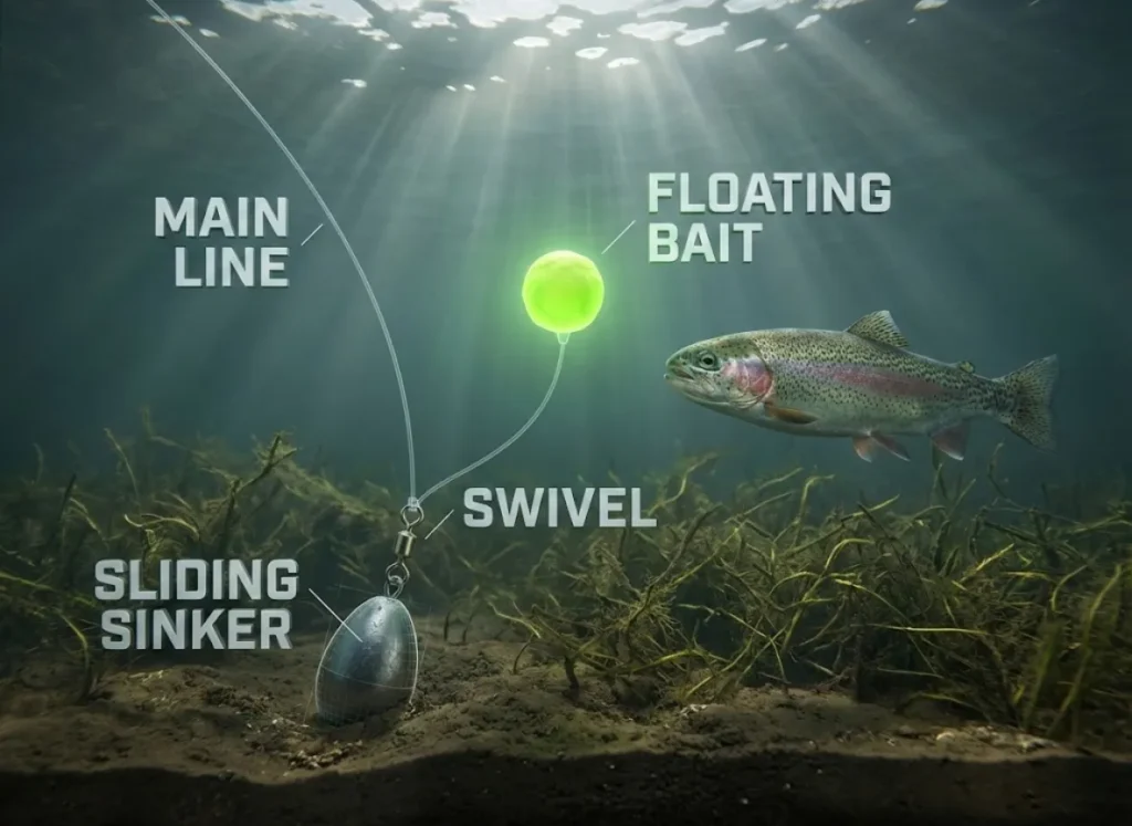 An underwater cross-section illustration showing a Slip Sinker fishing rig. An egg sinker rests on the muddy bottom, while a leader line allows bright chartreuse bait to float above the aquatic weeds, right in the path of a swimming rainbow trout.