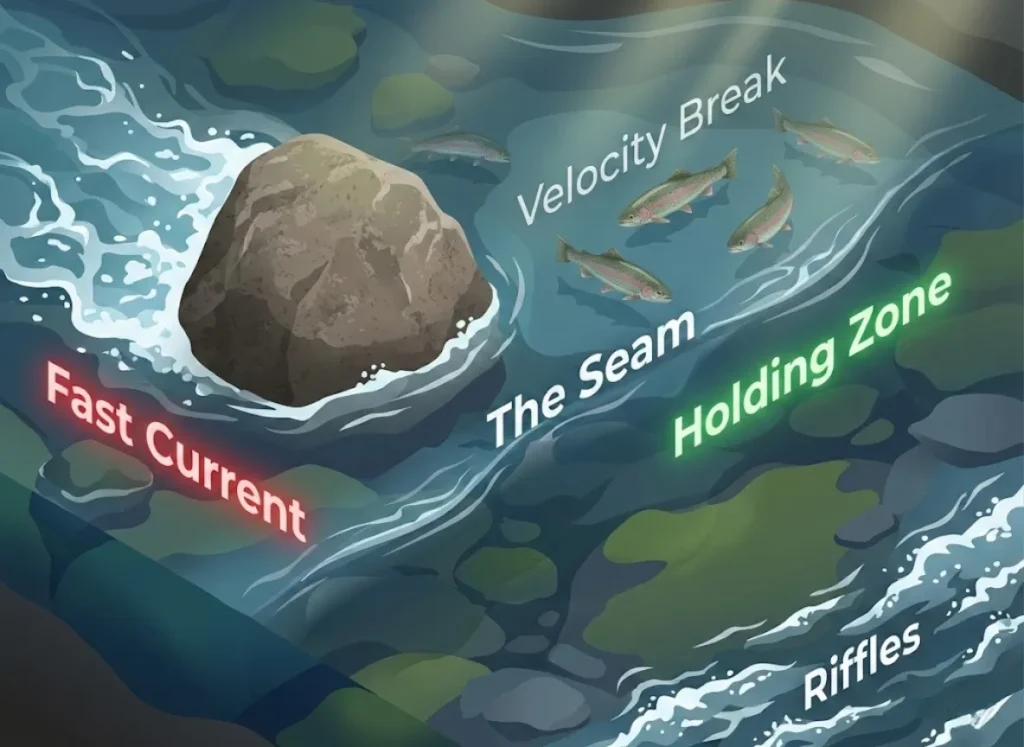 A high-definition, semi-isometric educational illustration of a river bend. It visualizes river hydrology, highlighting "The Seam" where fast current meets slow water. Labels indicate "Velocity Break," "Fast Current," and "Holding Zone," with trout positioned behind rocks in the slow water.