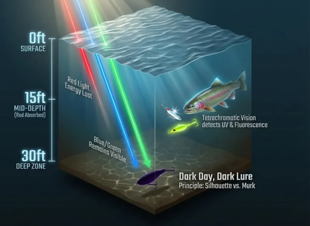 A sophisticated infographic cross-section of a lake water column from 0 to 30 feet depth. It visualizes how red light fades to gray at 15 feet while blue/green light penetrates deeper. It also illustrates trout tetrachromatic vision detecting fluorescent lures and the "Dark Day, Dark Lure" silhouette principle in murky deep water.