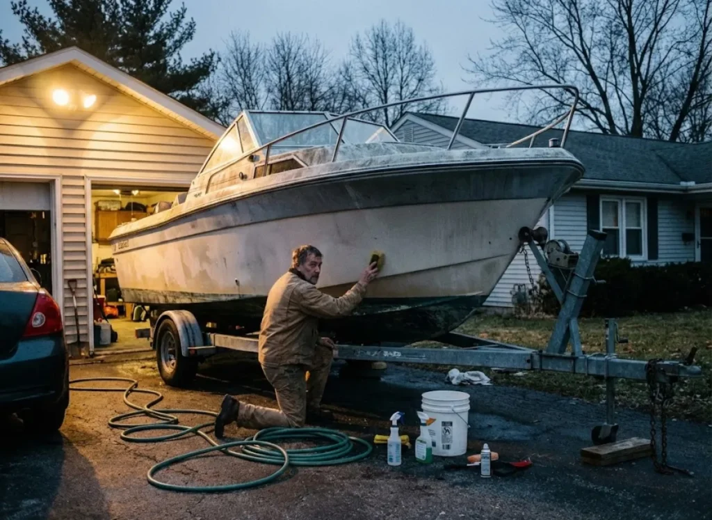 An angler performing maintenance on a trailered boat at dusk, representing the total cost of ownership and care required.
