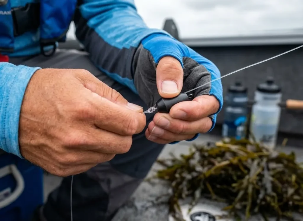 Close up of angler hands tying a knot with fluorocarbon line and a tungsten weight.