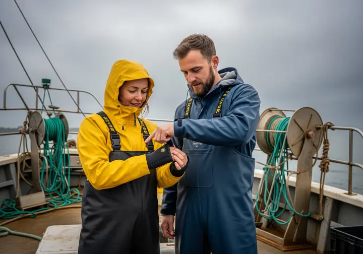 A man and woman in full rain gear stand on a boat, closely examining and comparing the features of their jackets.