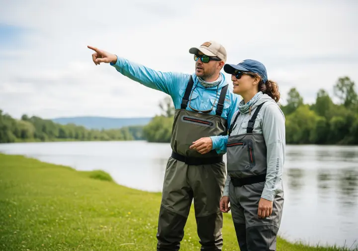 A man and a woman in full fishing gear and sunglasses stand by a river, with the man pointing towards the water as if explaining a concept.
