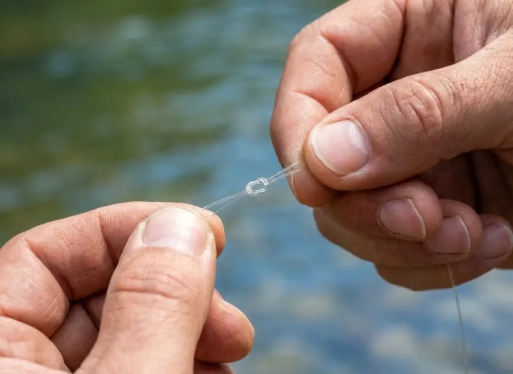 Close-up of angler's hands tying a fishing knot connecting the leader to the tippet line.