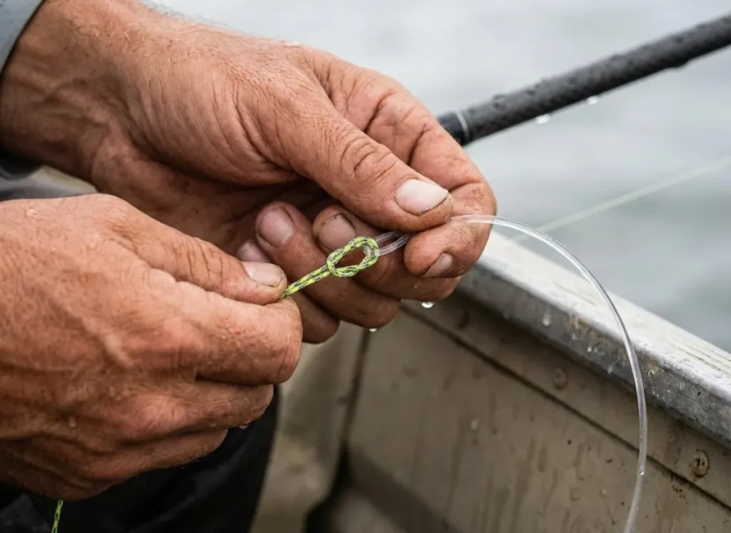 Close-up of an angler's hands tying a loop knot with braided fishing line and a monofilament leader.