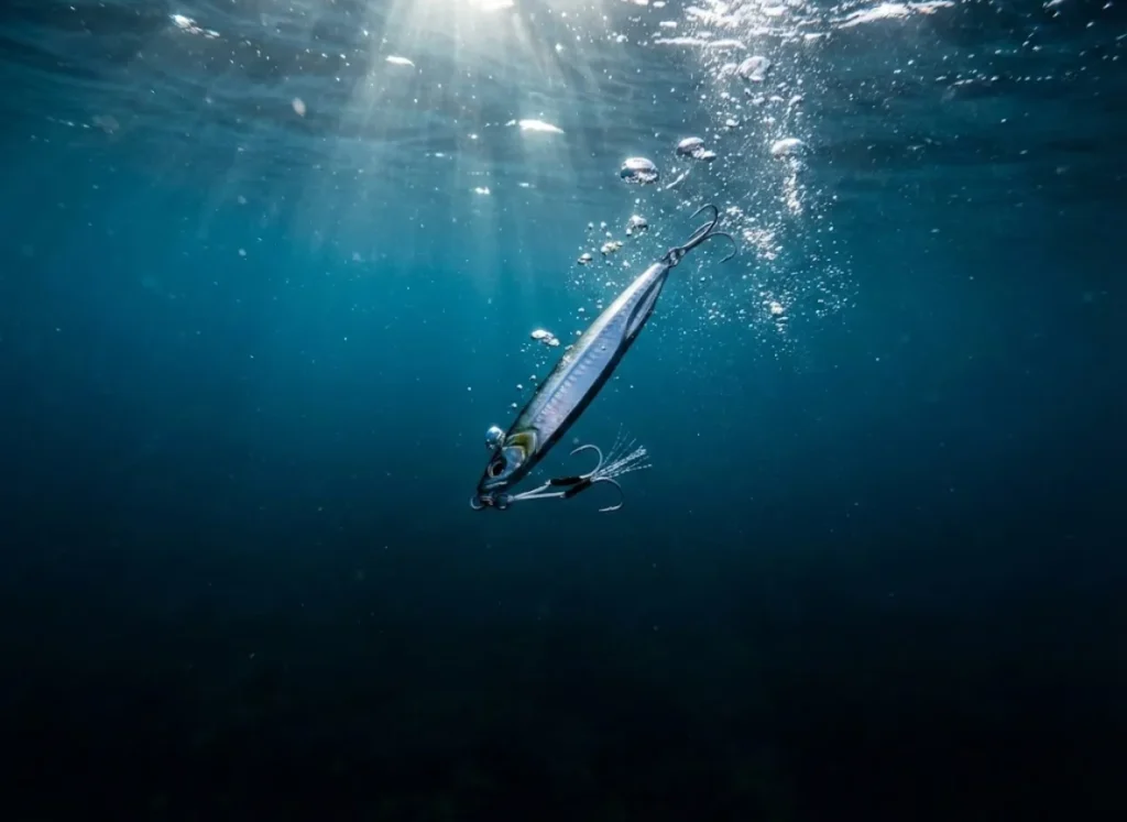An underwater view of a metal jig fluttering downwards through deep blue water, mimicking a dying baitfish.