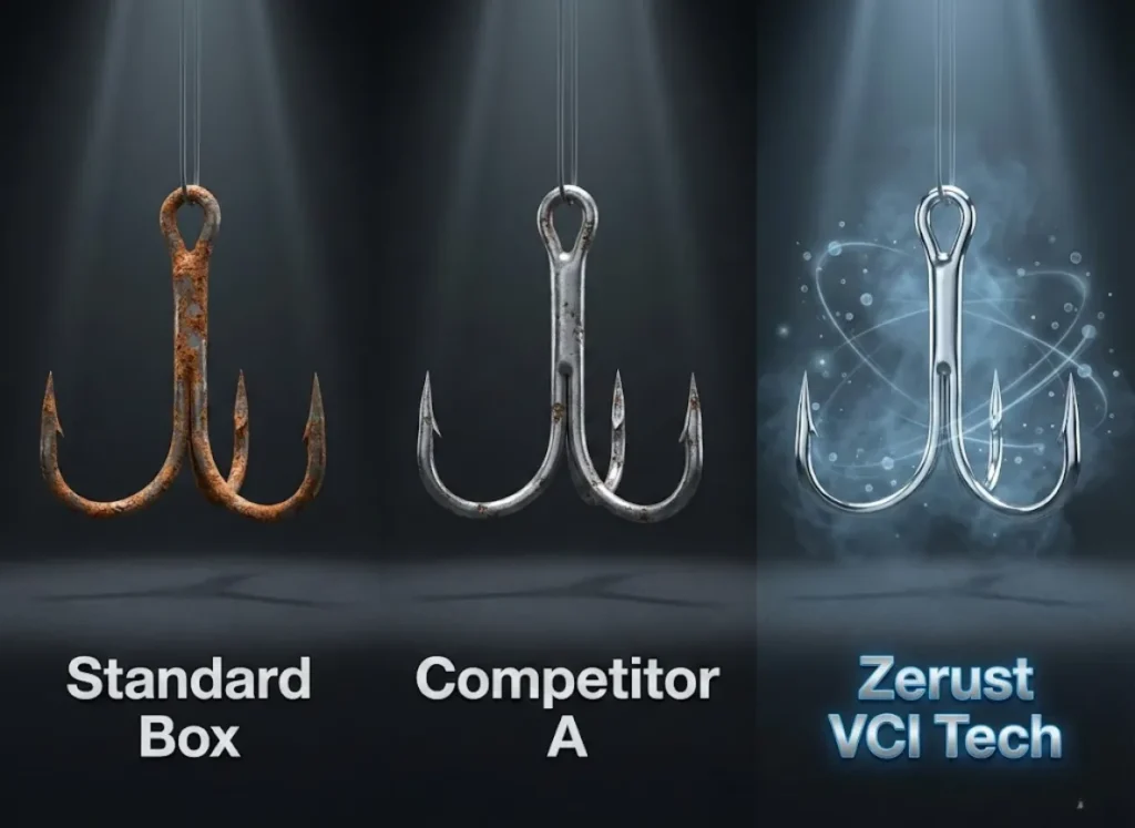 A high-definition comparative infographic showing three fishing hooks side-by-side after a 72-hour salt spray test. The left hook is heavily rusted, the middle shows minor spotting, and the right hook, protected by VCI technology, is pristine and shiny with a subtle glowing shield.