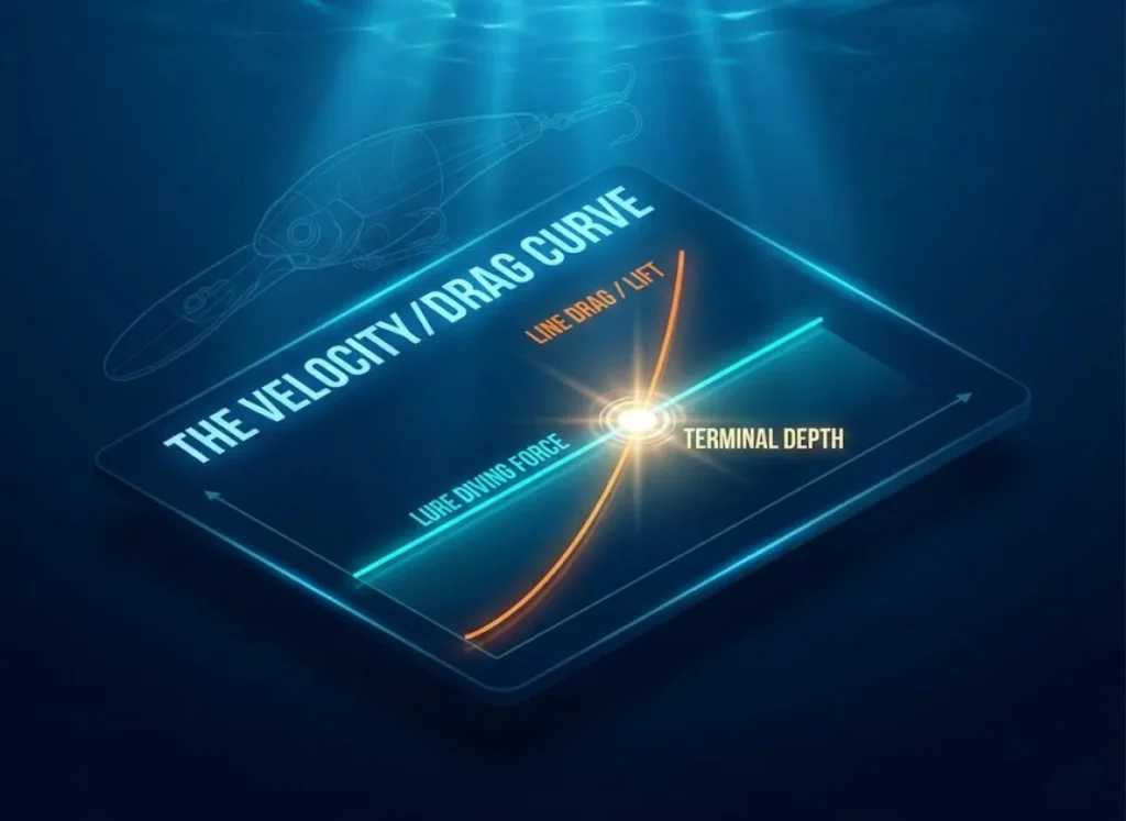 A sophisticated 3D infographic illustrating the physics of trolling mechanics. A graph titled "The Velocity/Drag Curve" displays the intersection of Lure Diving Force and Line Drag, creating a "Terminal Depth" point, set against a stylized deep-water background.
