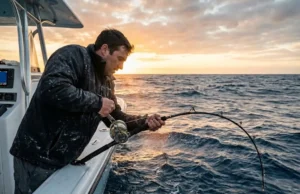 Jigging for Beginners: The Rhythm, Gear & Drop Guide An angler on a boat demonstrating the deep bend of a parabolic jigging rod during a retrieval rhythm in choppy ocean water.