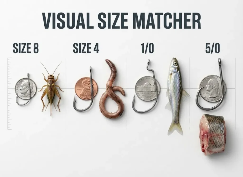 A high-definition editorial infographic titled "Visual Size Matcher." It displays a side-by-side comparison of fishing hooks (Size 8, 4, 1/0, 5/0) overlaid on US coins (Dime, Penny, Nickel, Quarter) for scale, paired with their corresponding baits: cricket, worm, shiner, and cut bait.