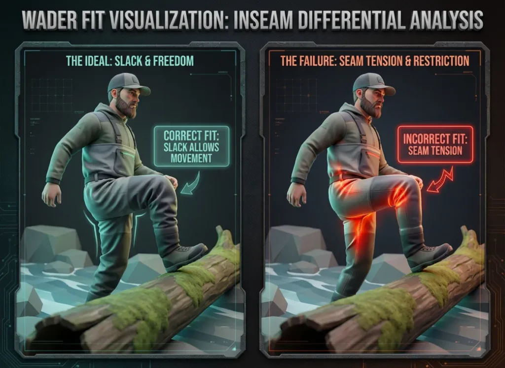 A split-screen technical illustration comparing wader fits. The left panel shows a "Correct Fit" with loose fabric during a high knee lift; the right panel shows an "Incorrect Fit" with red heat-map style stress lines highlighting tension at the crotch and thigh seams.