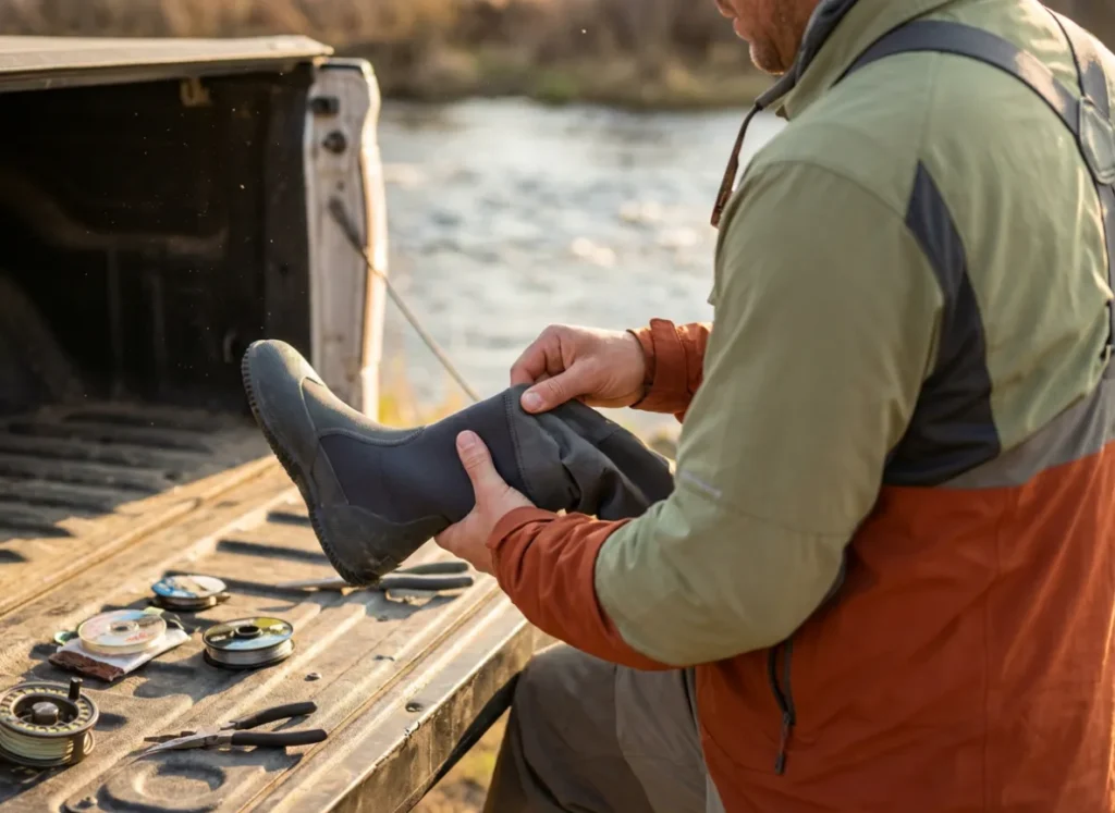 An angler inspecting the seams and neoprene booties of fly fishing waders on the tailgate of a truck.