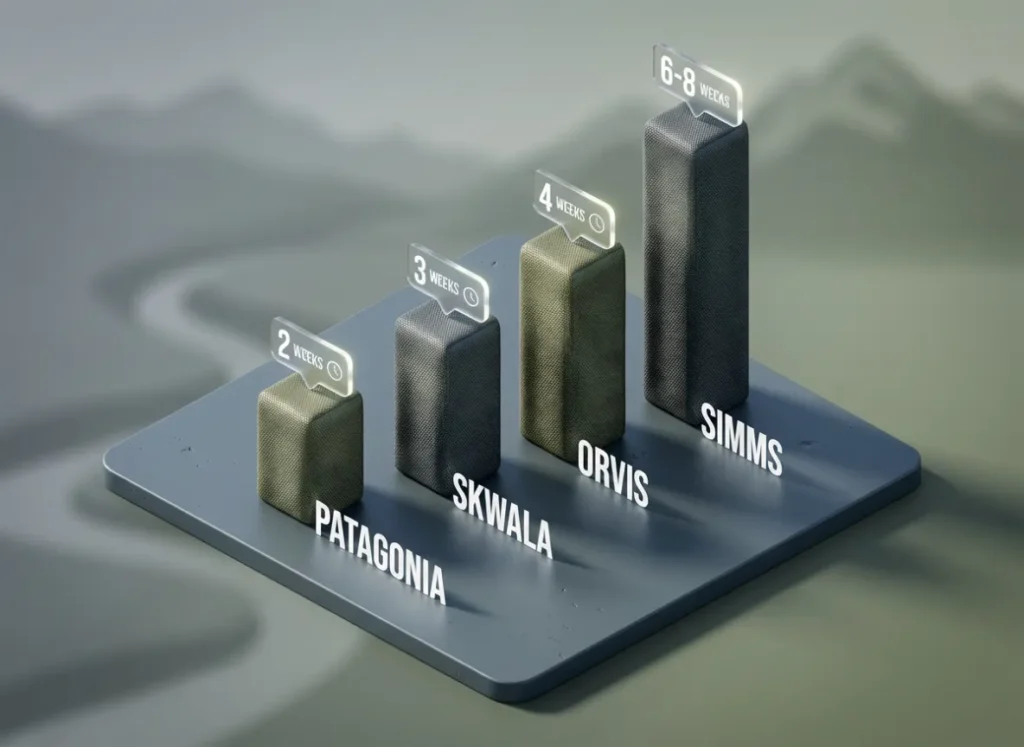 A high-definition 3D bar chart comparing fishing wader warranty repair times: Patagonia (2 weeks), Skwala (3 weeks), Orvis (4 weeks), and Simms (6-8 weeks), rendered in a premium technical fabric style.