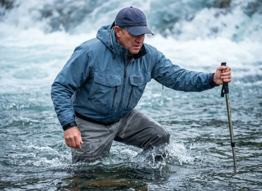 An angler wading in strong river current using a wading staff for balance.