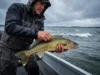 Walleye Fishing 101: The Beginner’s Tactical Playbook Angler holding a large walleye on a boat during overcast, windy conditions.