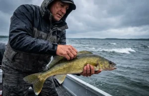 Walleye Fishing 101: The Beginner’s Tactical Playbook Angler holding a large walleye on a boat during overcast, windy conditions.