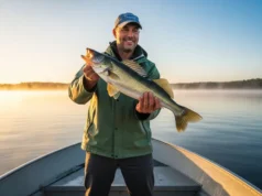 Walleye Fishing 101: A Data-Backed Beginner’s Guide A man in a rain jacket stands in a fishing boat at dawn, proudly holding up a walleye he has just caught.