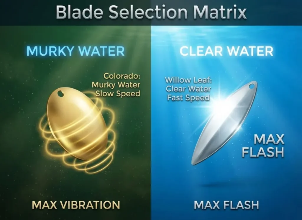 A stylized infographic matrix comparing Colorado and Willow Leaf fishing blades. The visual contrasts murky water usage with clear water usage, labeling speed and vibration properties for walleye trolling.