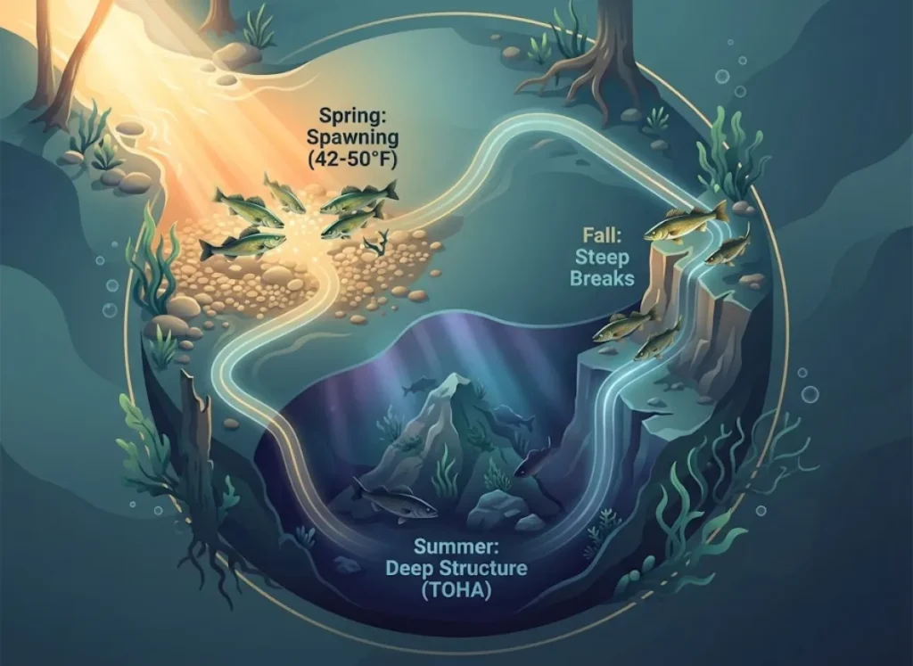 A stylized 3D isometric cross-section of a lake ecosystem illustrating the seasonal migration of Walleye fish. The visual shows a cycle from shallow spring reefs to deep summer basins and steep fall drop-offs, highlighting the relationship between water depth, light, and temperature.