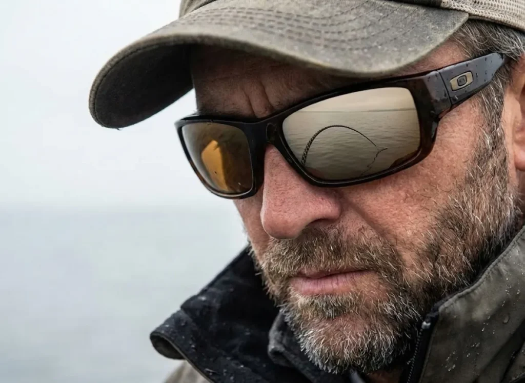 An angler wearing polarized sunglasses staring intensely at the slack fishing line on the water surface to detect a bite.