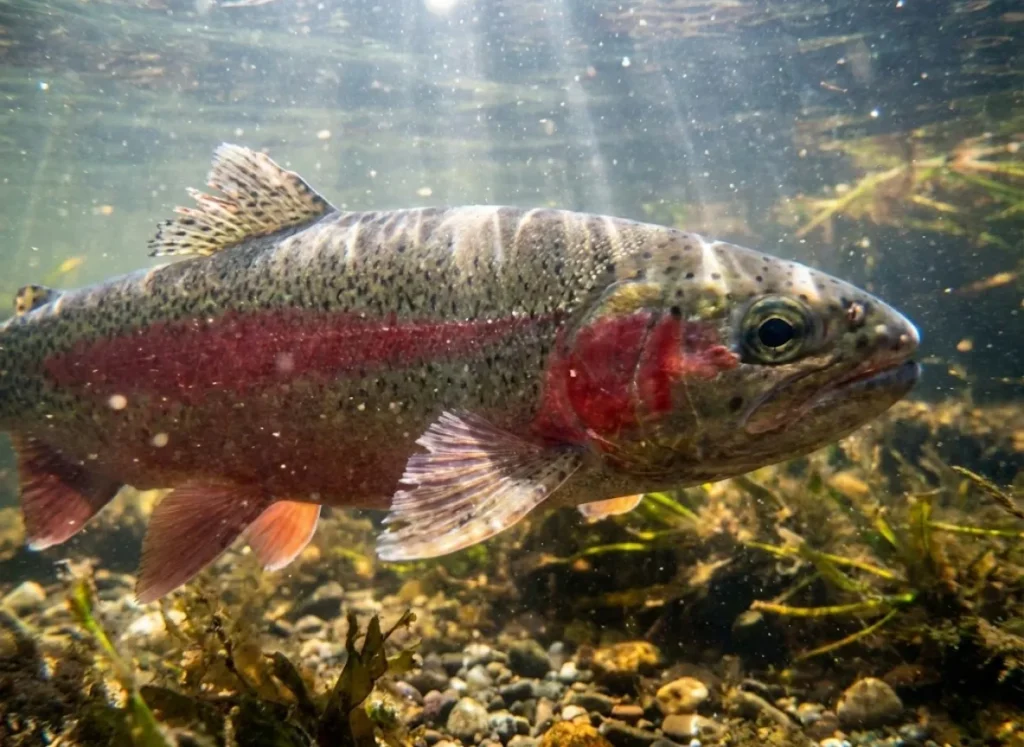 Underwater close-up of a rainbow trout swimming in a clear river.