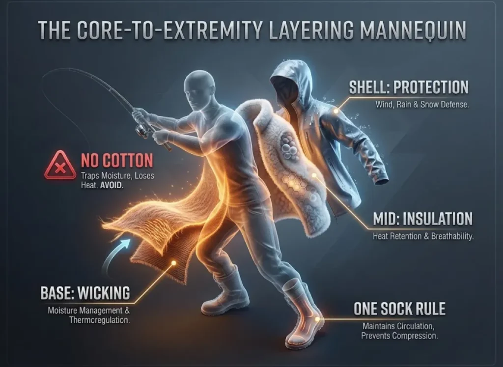 A sophisticated 3D exploded-view diagram titled "The Core-to-Extremity Layering Mannequin," demonstrating the proper three-layer system for cold weather fishing. The image highlights moisture-wicking base layers, insulating mid-layers, and a waterproof shell, with specific visual warnings against using cotton and a callout for the "One Sock Rule" at the feet.