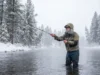 Winter Trout Fishing Guide: Tactics, Gear & Comfort An angler fly fishing in a river during a snowstorm, surrounded by snow-covered trees and mist.