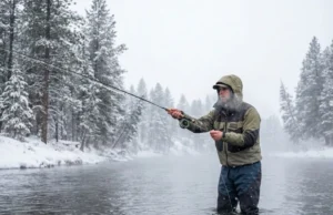 Winter Trout Fishing Guide: Tactics, Gear & Comfort An angler fly fishing in a river during a snowstorm, surrounded by snow-covered trees and mist.