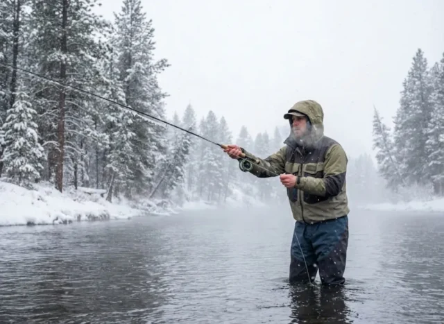 winter-trout-fishing-guide-hero An angler fly fishing in a river during a snowstorm, surrounded by snow-covered trees and mist.