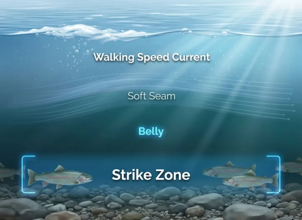 A detailed cross-section diagram of a river pool during winter, illustrating river hydraulics. The image shows trout resting in the deep 'Belly' of the pool within the bottom 'Strike Zone'. Visual guides highlight the 'Soft Seam' where fast current meets slow water, and surface bubbles indicate 'Walking Speed' flow. The style is a high-end blend of realism and vector art.