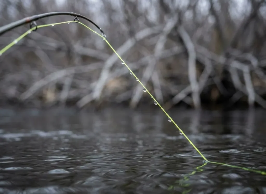 Close-up of a high-visibility fishing line sighter hovering above the water during a tight-line nymphing drift.