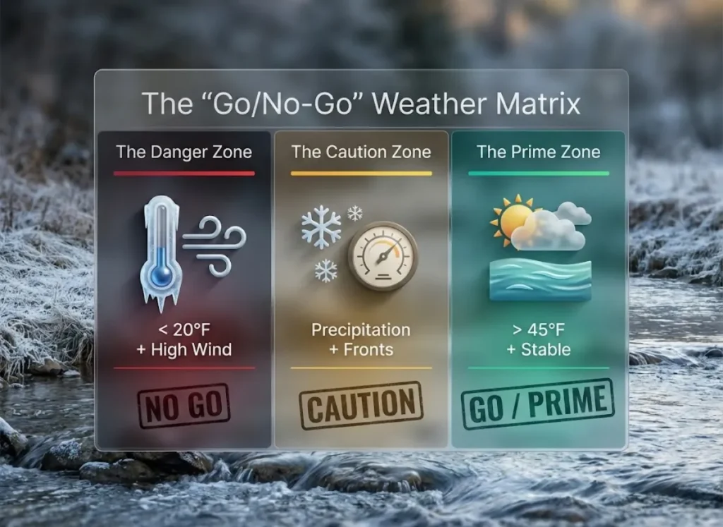 A stylized infographic titled "The 'Go/No-Go' Weather Matrix" displayed as a three-part grid over a blurred winter river scene. It compares weather conditions: unsafe high winds and freezing temps labeled "NO GO," variable conditions labeled "CAUTION," and stable, warmer temps labeled "GO," using color-coded visual indicators.