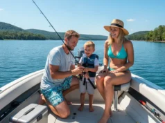 Family Fishing Vacations: A Skill-Building Field Guide A young family with a child enjoys a sunny day of fishing from a boat on a calm lake.