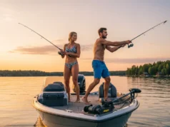 The Late Summer Walleye Blueprint: Depth, Lures & Timing A full-body shot of a young couple fishing for walleye from a boat on a lake during a late summer sunset.