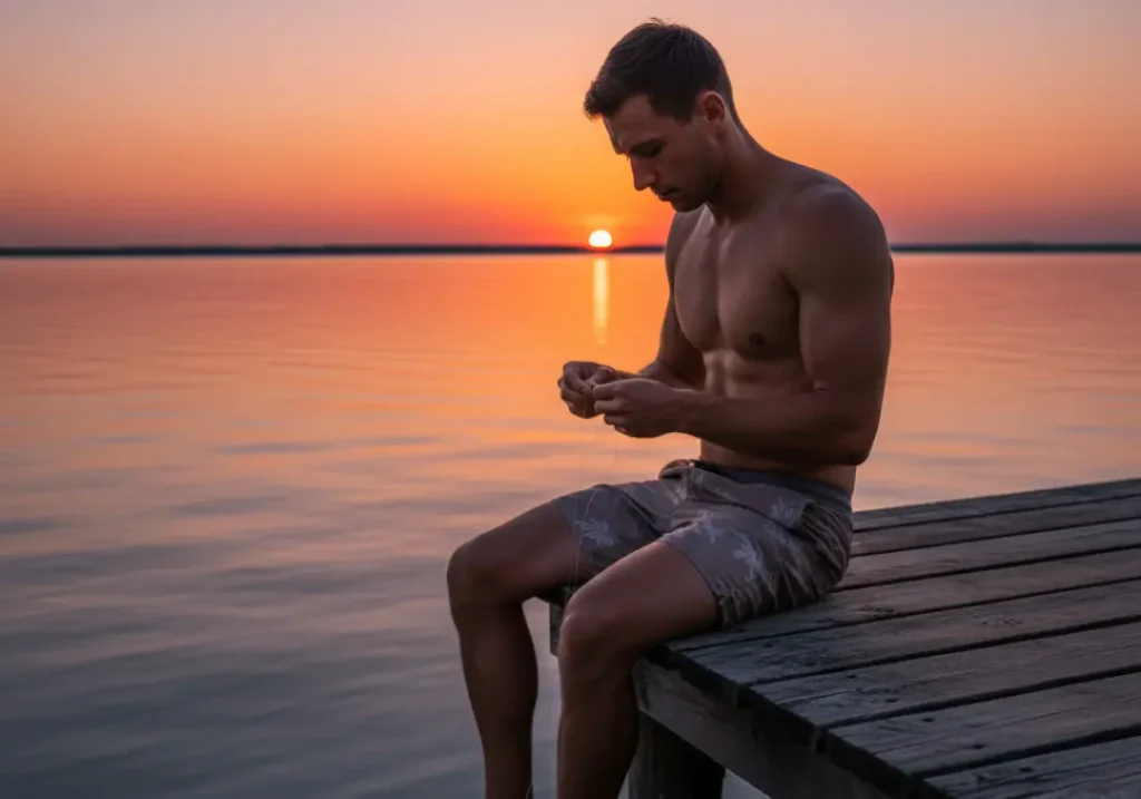 A full-body shot of a fit man in boardshorts sitting on a dock at sunset, inspecting his fishing line