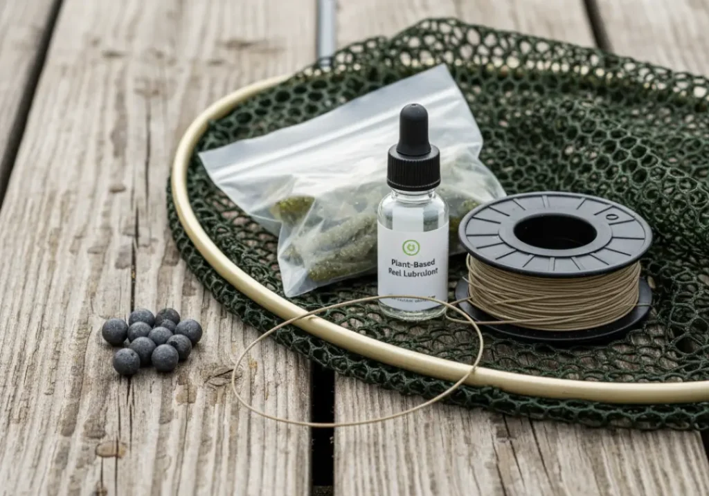 A flat lay of eco-friendly fishing gear, including tungsten weights and biodegradable lures, on a wooden dock.