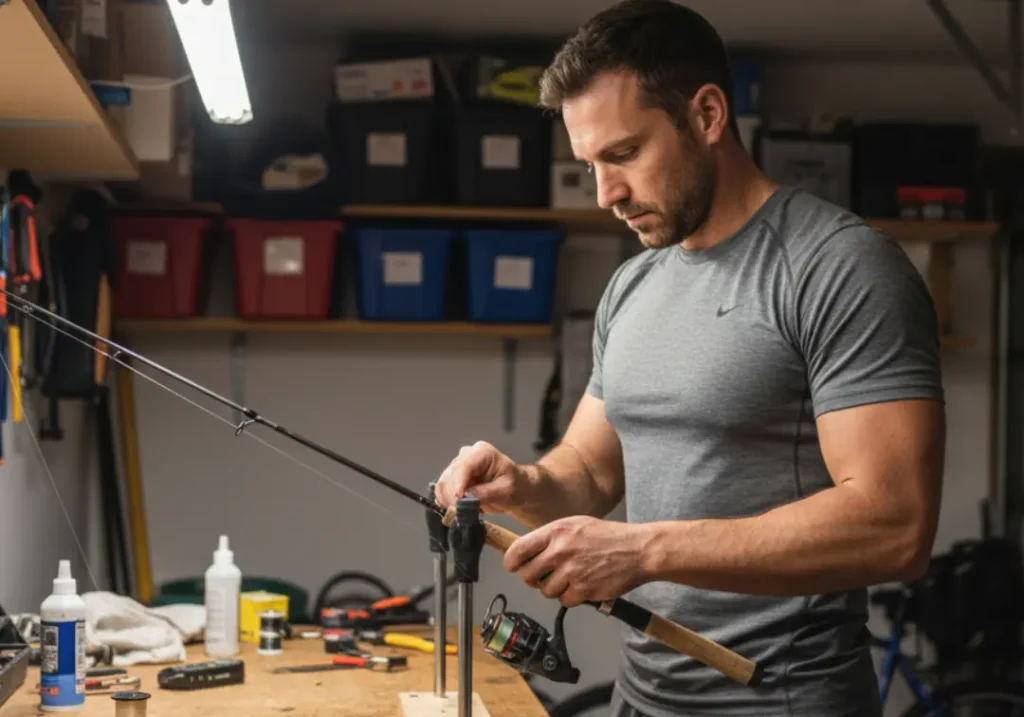A fit man in a workshop carefully wrapping thread to repair a guide on a fishing rod.