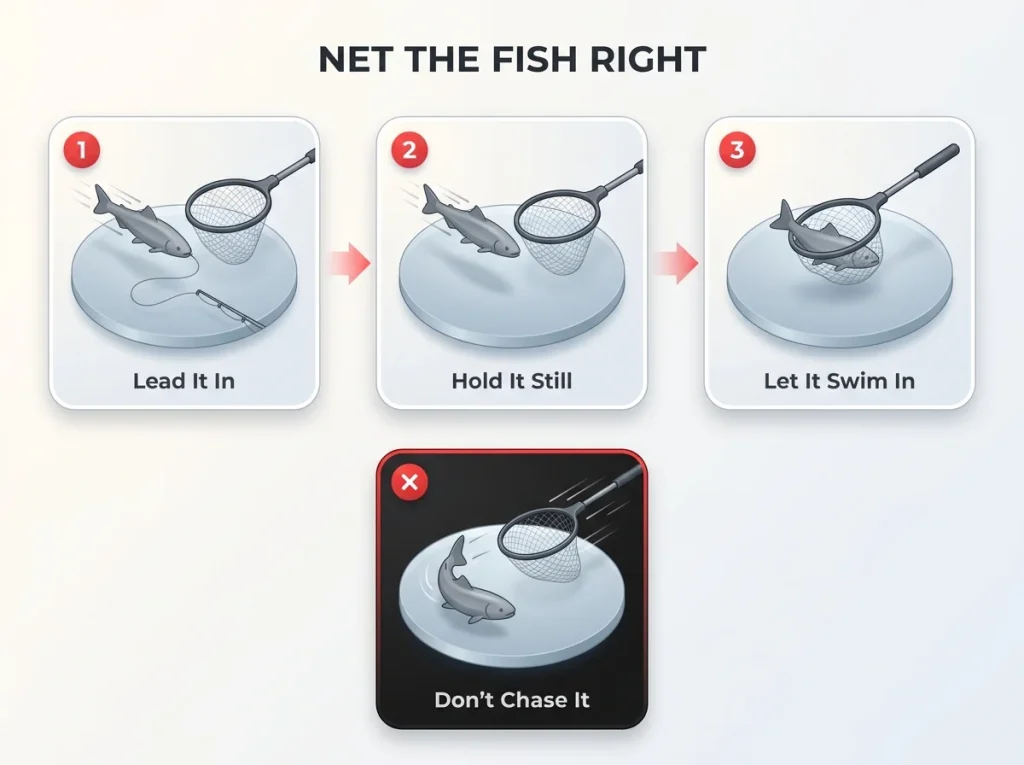 Three-step diagram of correct headfirst fish netting technique versus incorrect chasing-from-behind method