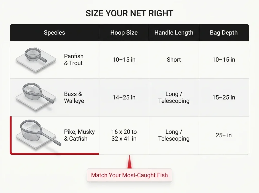 Sizing chart showing hoop size, handle length, and bag depth for fishing nets by target species