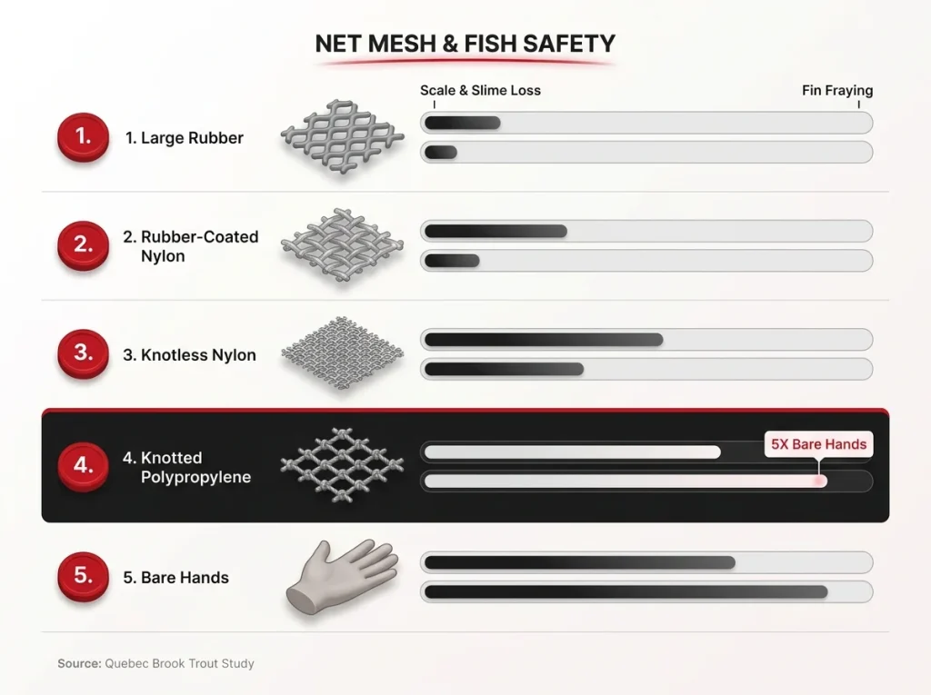 Bar chart ranking five fishing net mesh types by scale and slime loss, from large rubber to bare hands