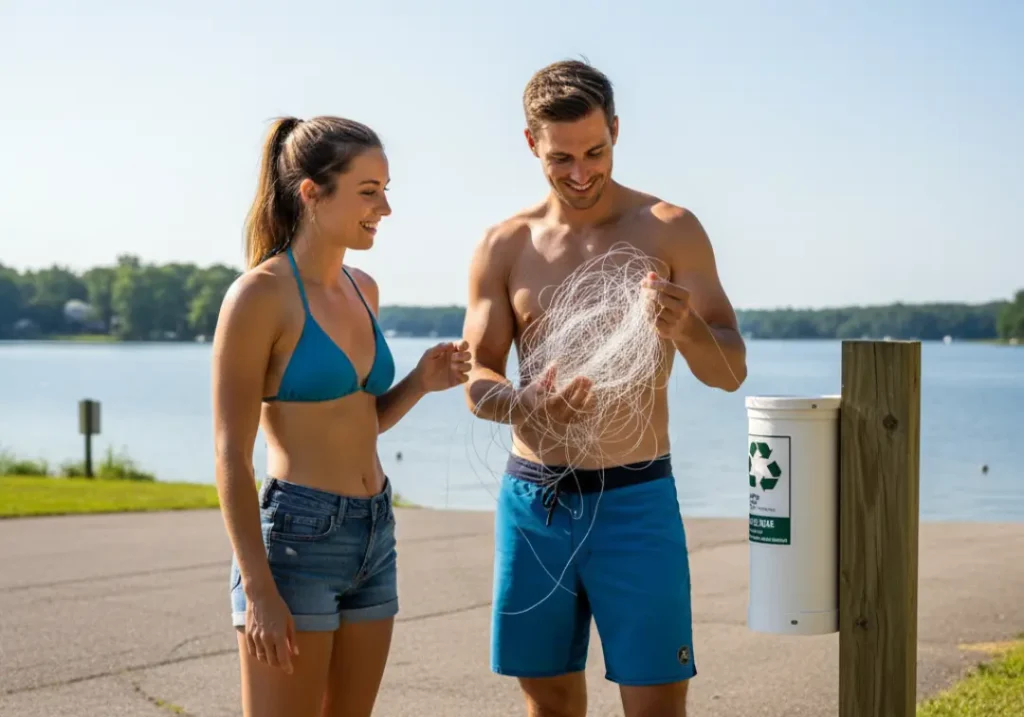 A young couple responsibly putting old monofilament fishing line into a designated recycling bin at a boat launch.
