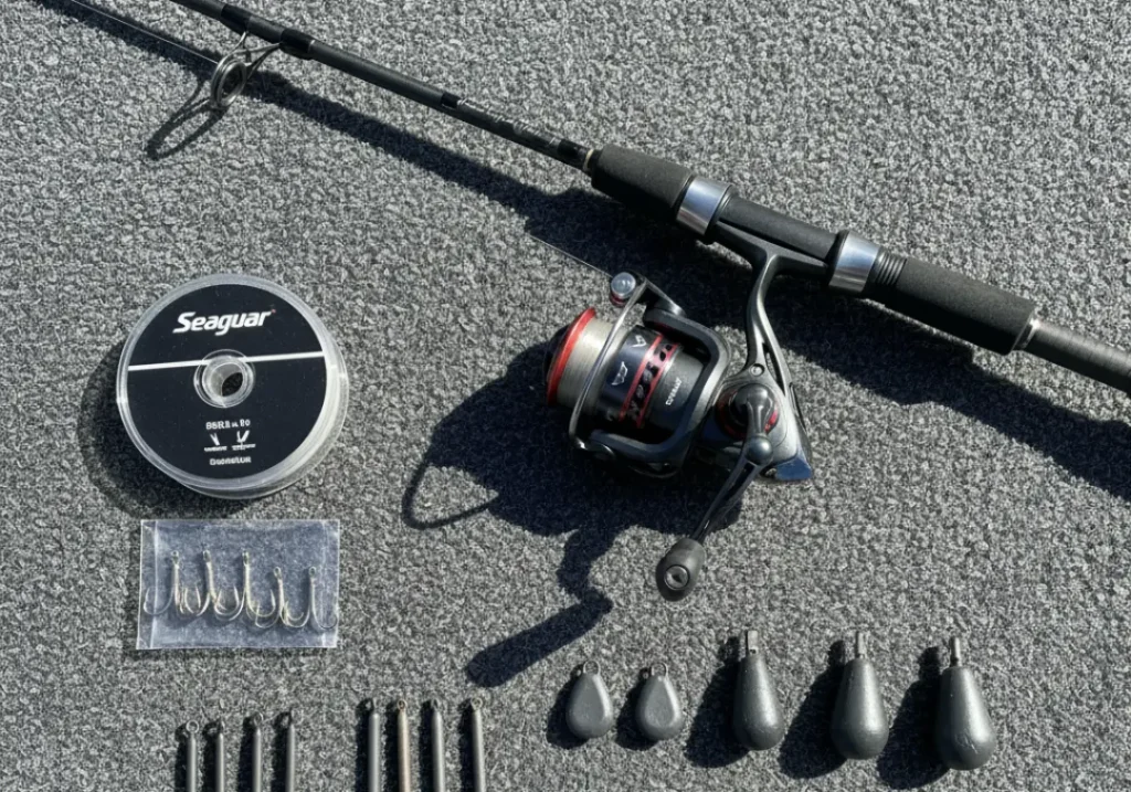 A flat-lay arrangement of drop shot fishing tackle, including a rod tip, reel, line, hooks, and tungsten weights, on the deck of a boat.